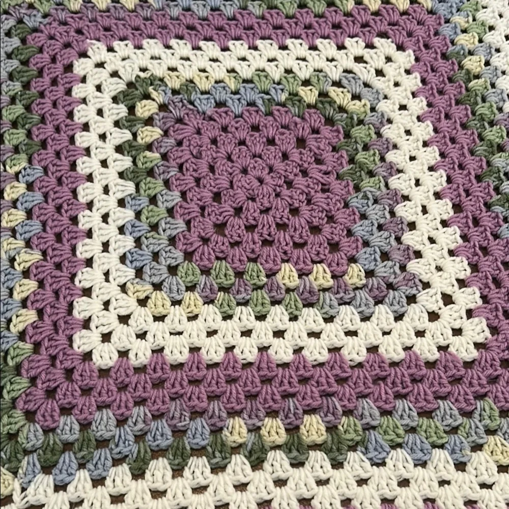 Handmade Crochet Blanket in Purple, Blue, White, Cream and Green 42” x 42”